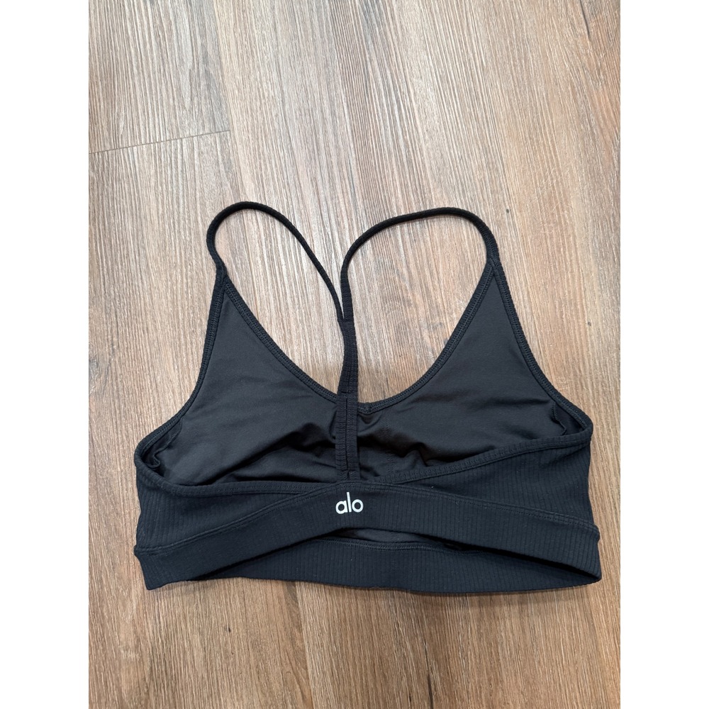 Alo Yoga Womens Ribbed T-Back Sports Bra Black V-Neck Spaghetti Strap Large